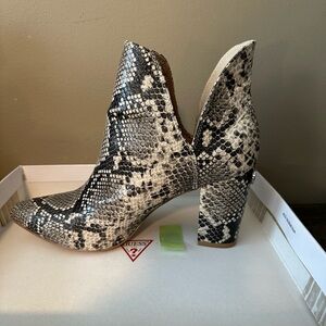 Guess Black and White Snake-Print Block Heel Ankle Boot